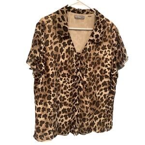 Kate Hill Womens Sleeveless Button Up Blouse Plus Size 2X Leopard Print Tan Work